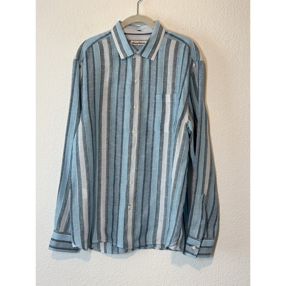 Tommy Bahama Mens Shirt Large Blue White Stripe 100% Linen Resort Travel